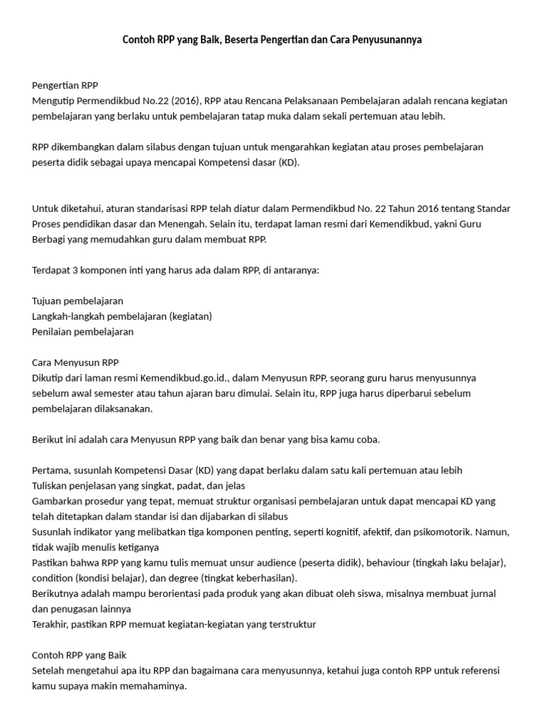 Contoh RPP Pembelajaran yang Baik | PDF