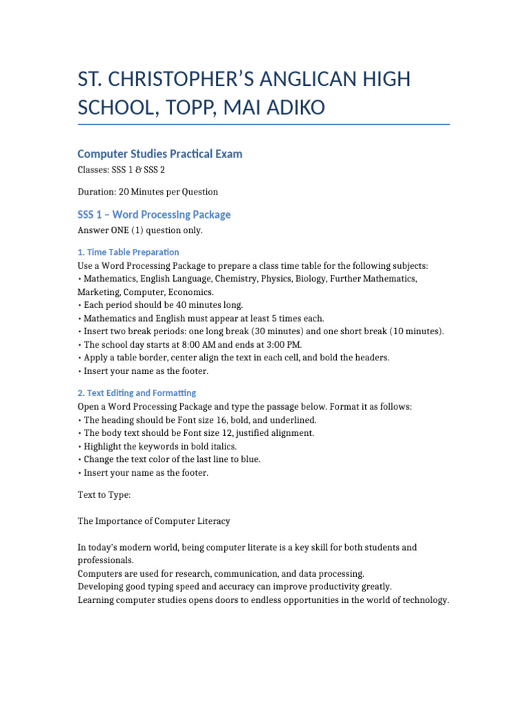 Computer Studies Exam: Word & Graphics Tasks | PDF | Page Layout | Writing