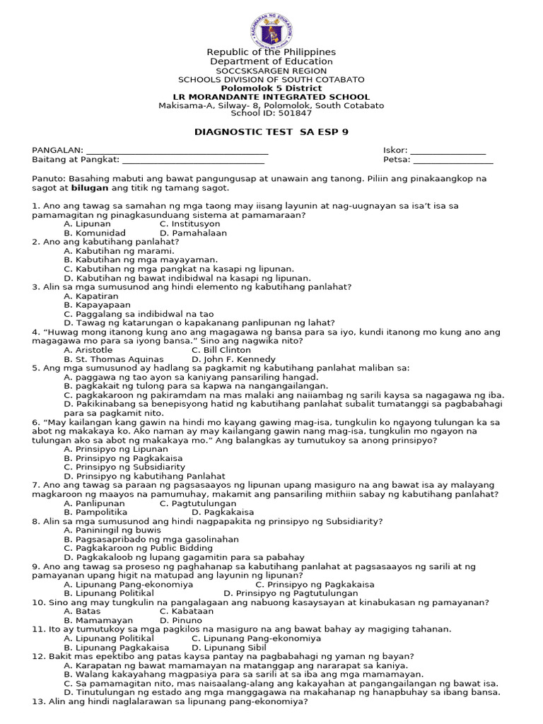 Diagnostic Test ESP 9 2022-2023 | PDF