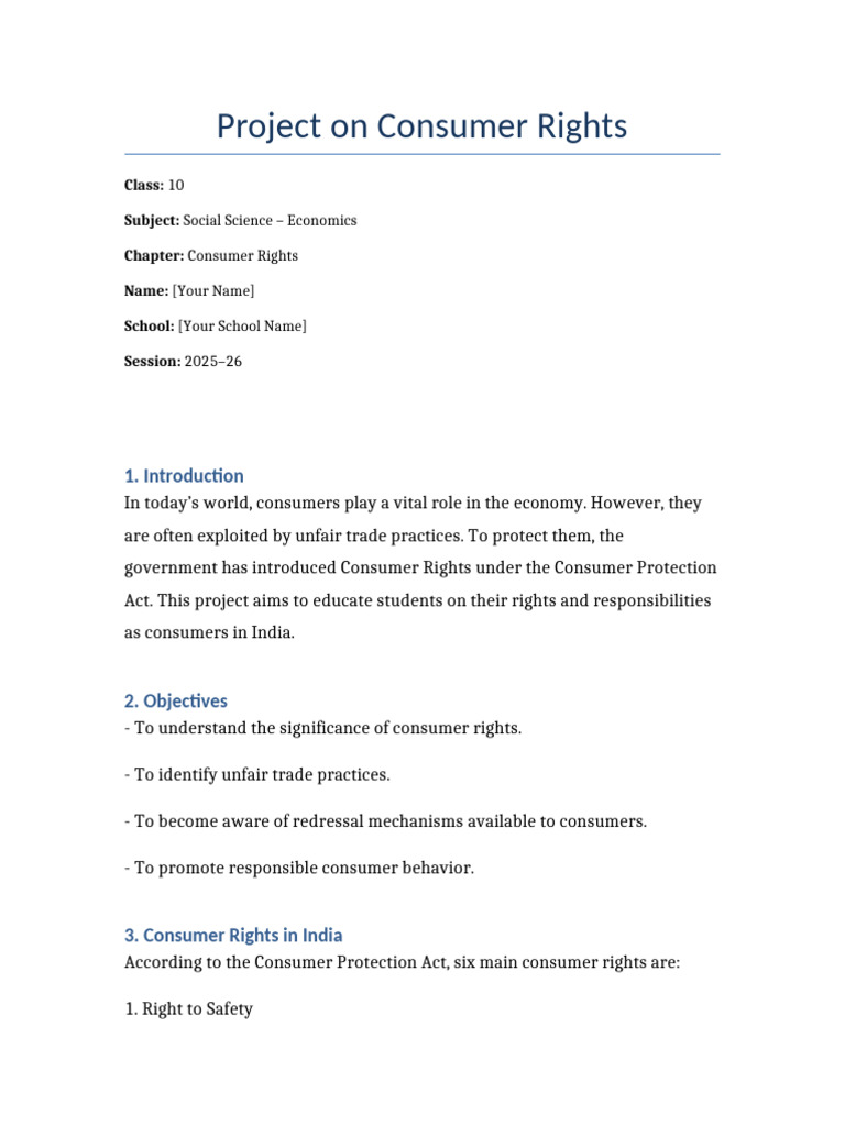Consumer Rights Project for Class 10 | PDF | Consumer Protection ...
