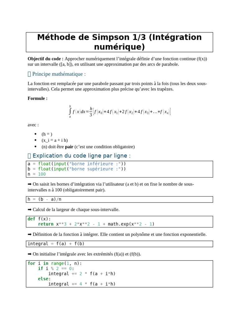 Intégration numérique : Méthode de Simpson 1/3 | PDF