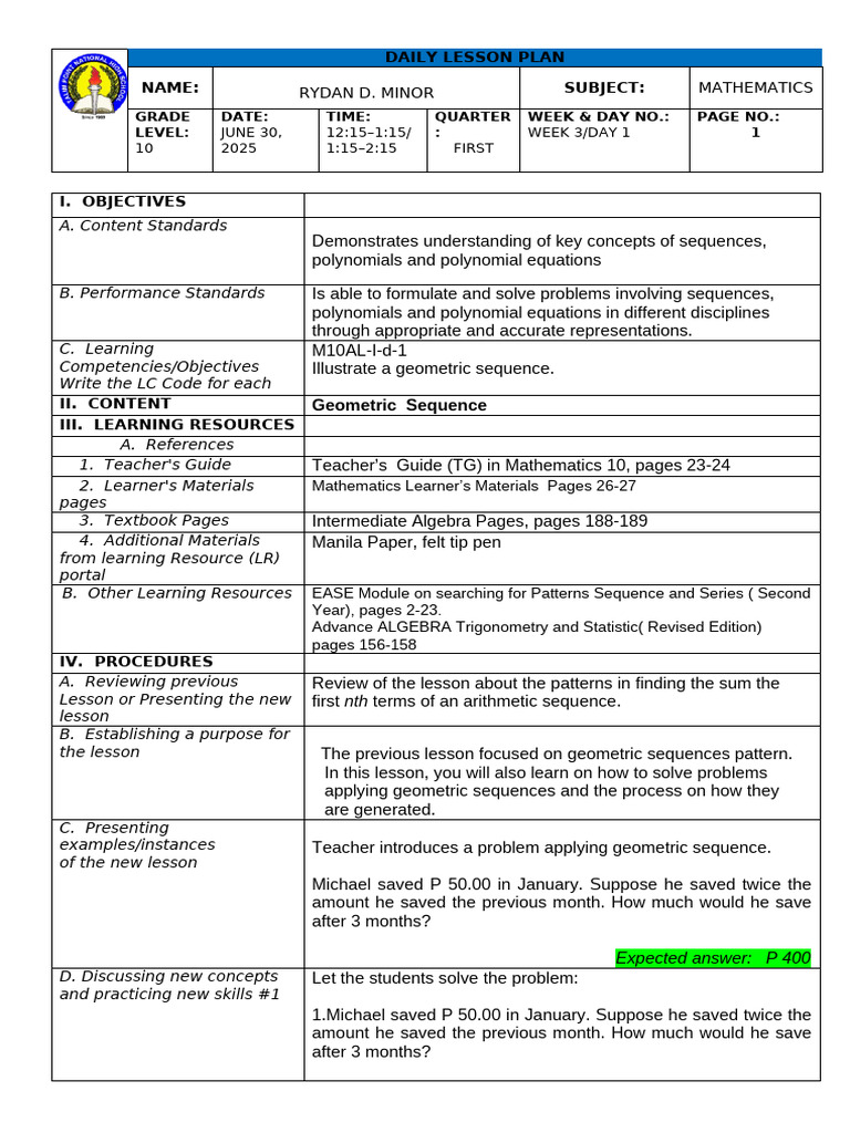 10th Grade Math Lesson Plan: Sequences | PDF | Mathematics | Geometry