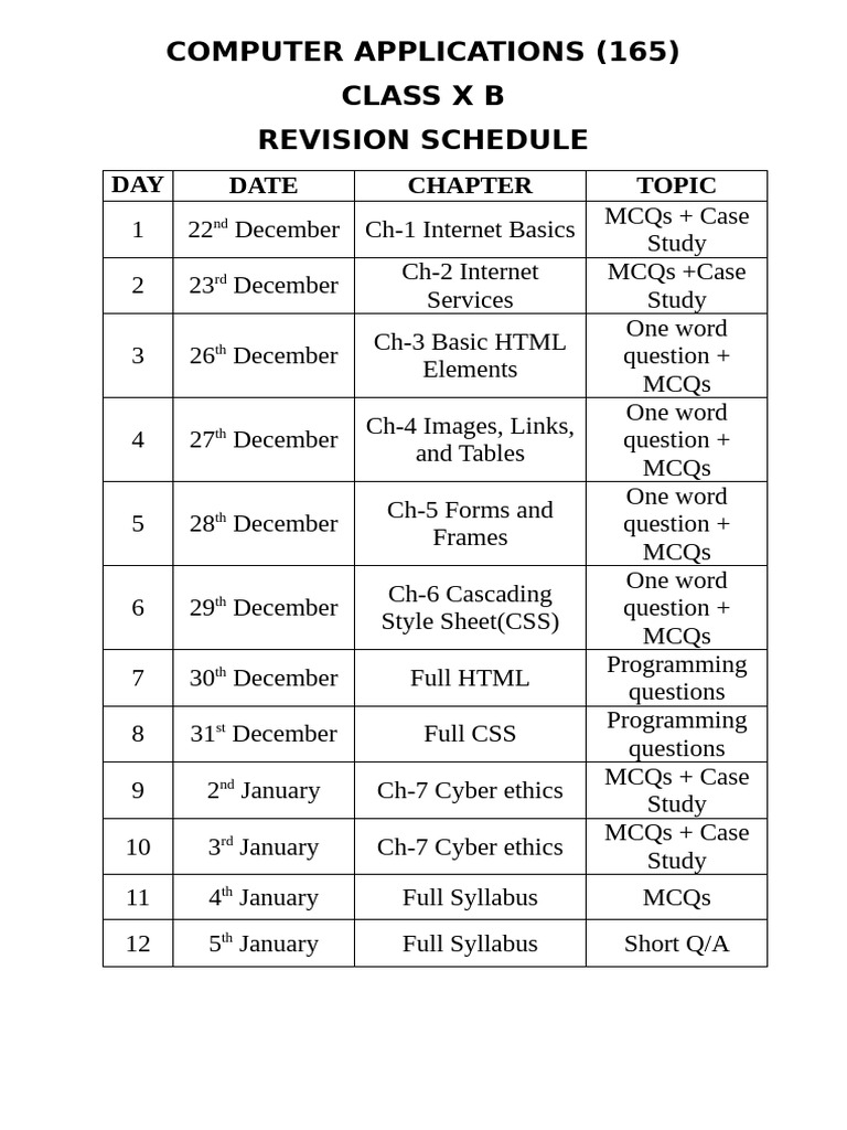 Class X Computer Applications Revision Schedule | PDF