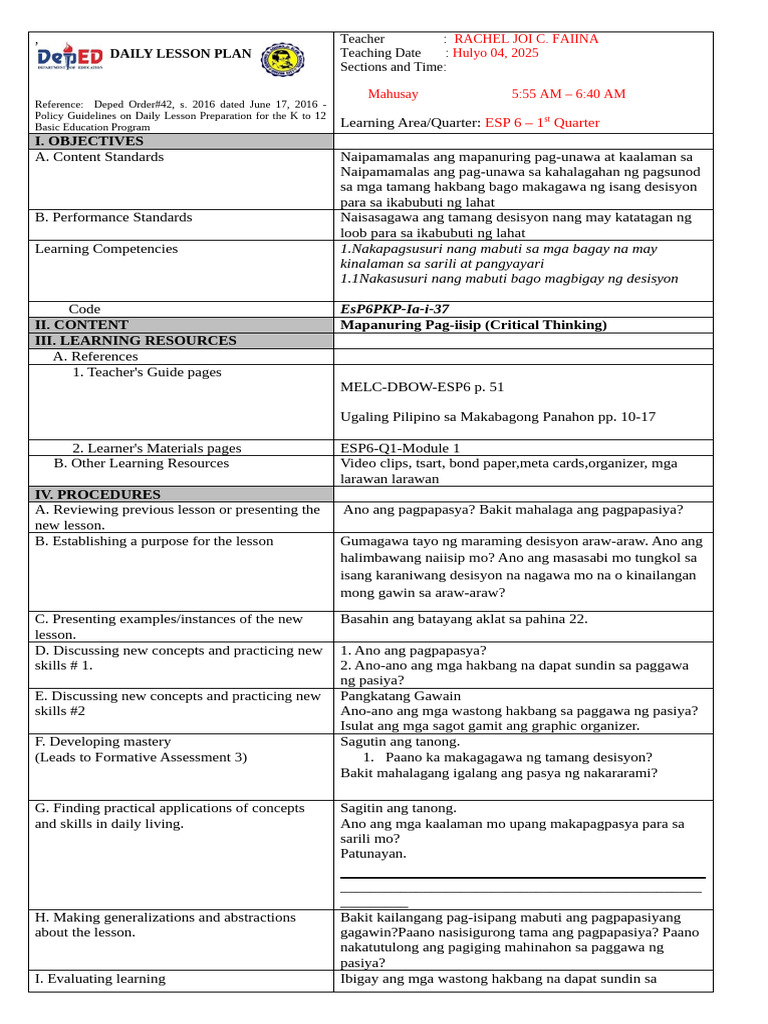 DAILY LESSON PLAN ESP July 04 | PDF