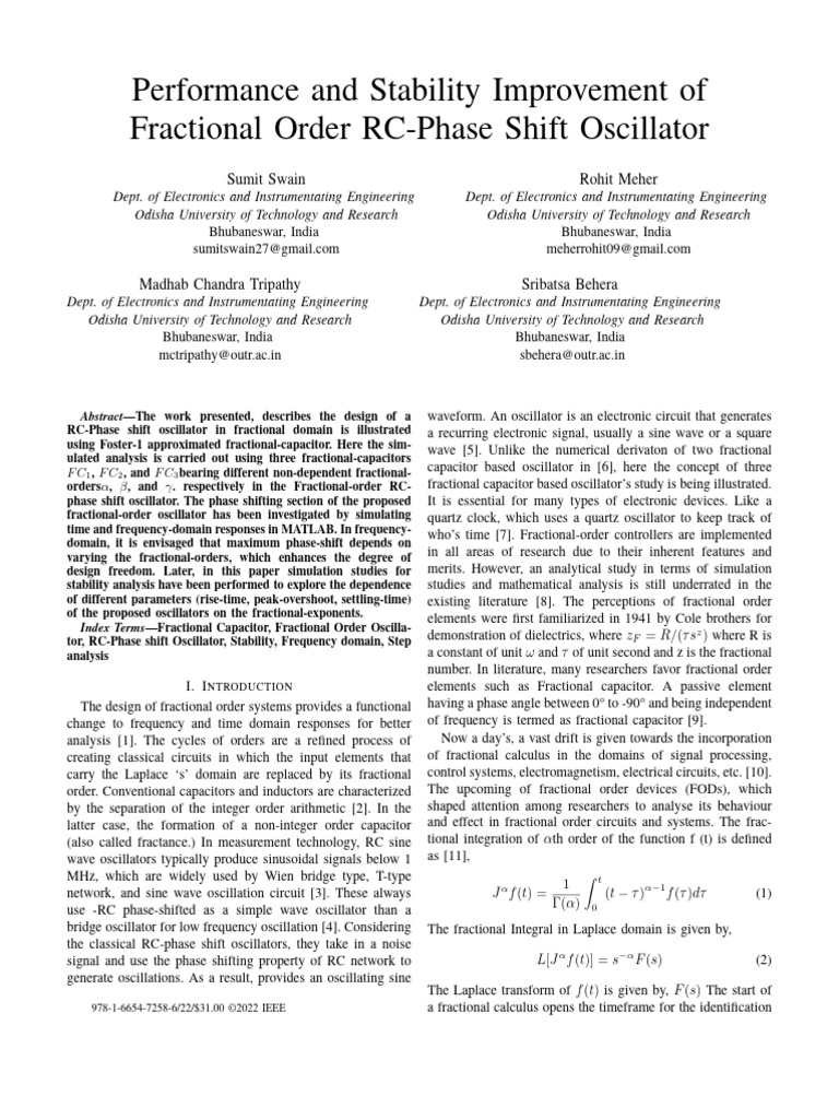 Performance and Stability Improvement of Fractional Order RC-Phase ...