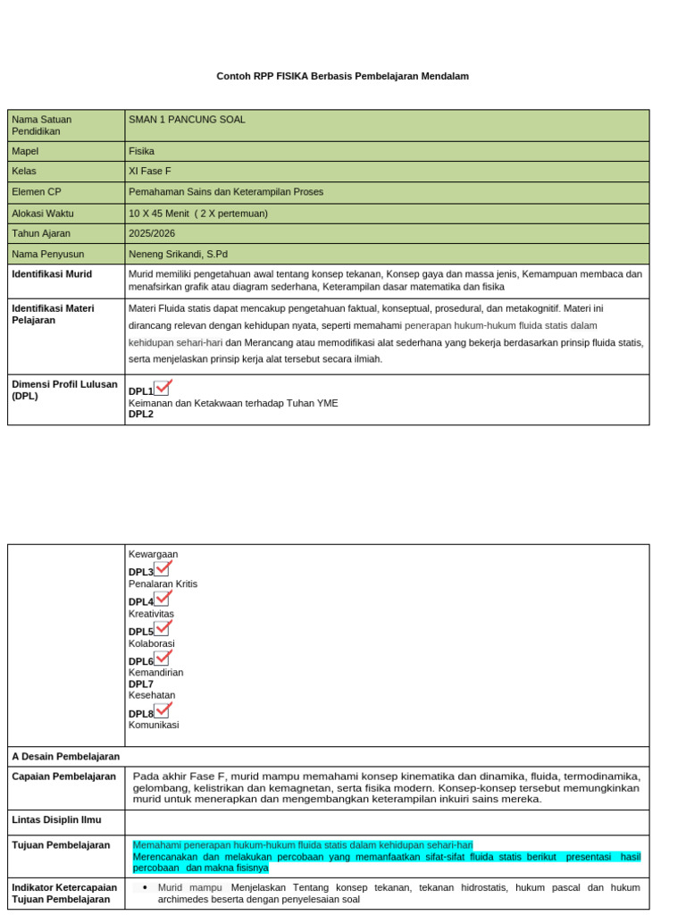 RPP Fisika: Fluida Statis SMA Kelas XI | PDF