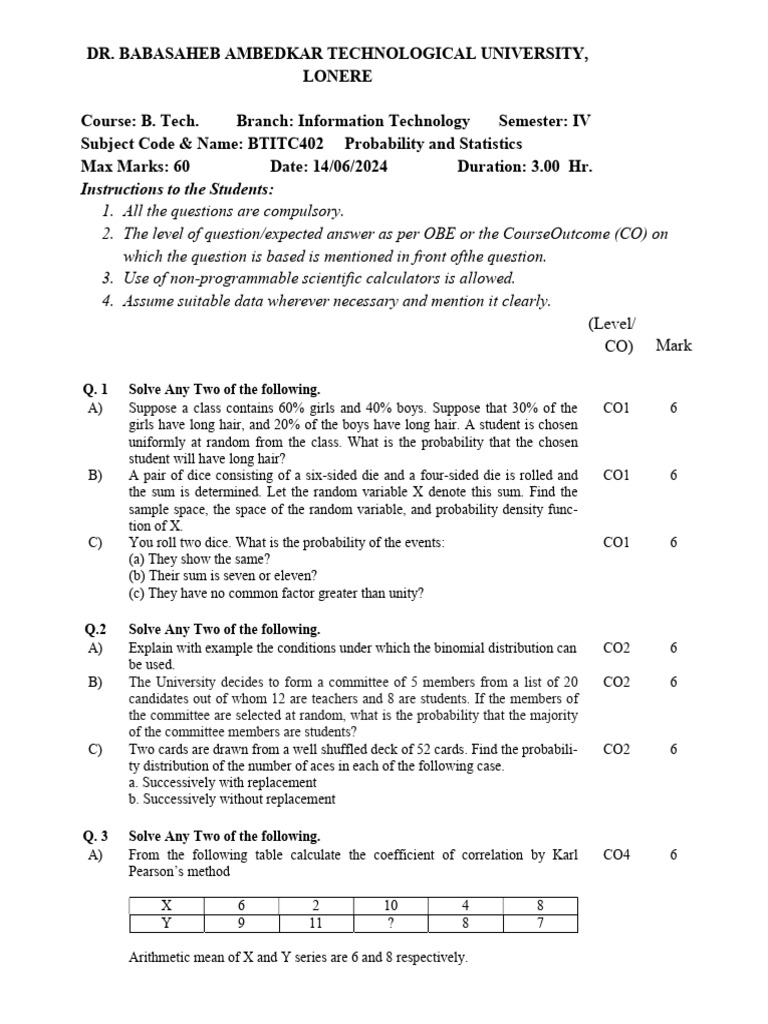 Probability and Statistics Exam Questions | PDF | Statistics | Probability