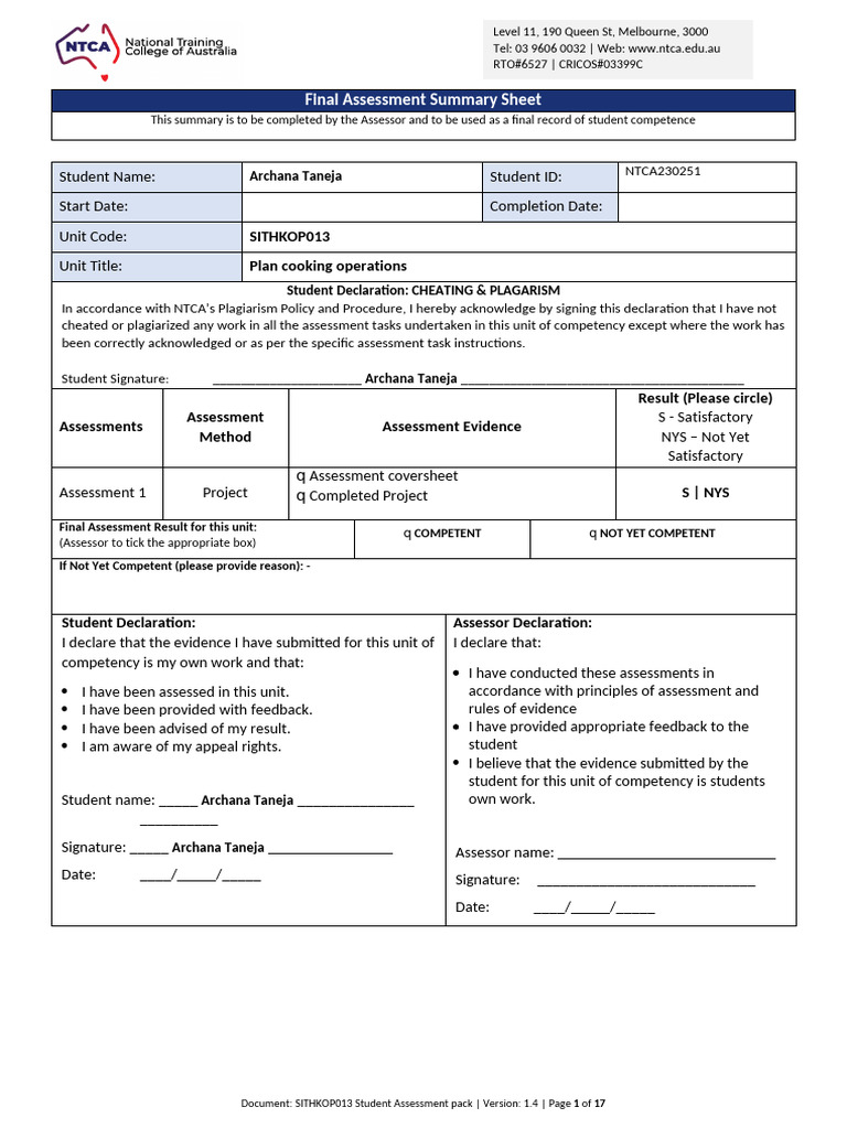 Final Assessment Summary for SITHKOP013 | PDF | Cuisine | Foods