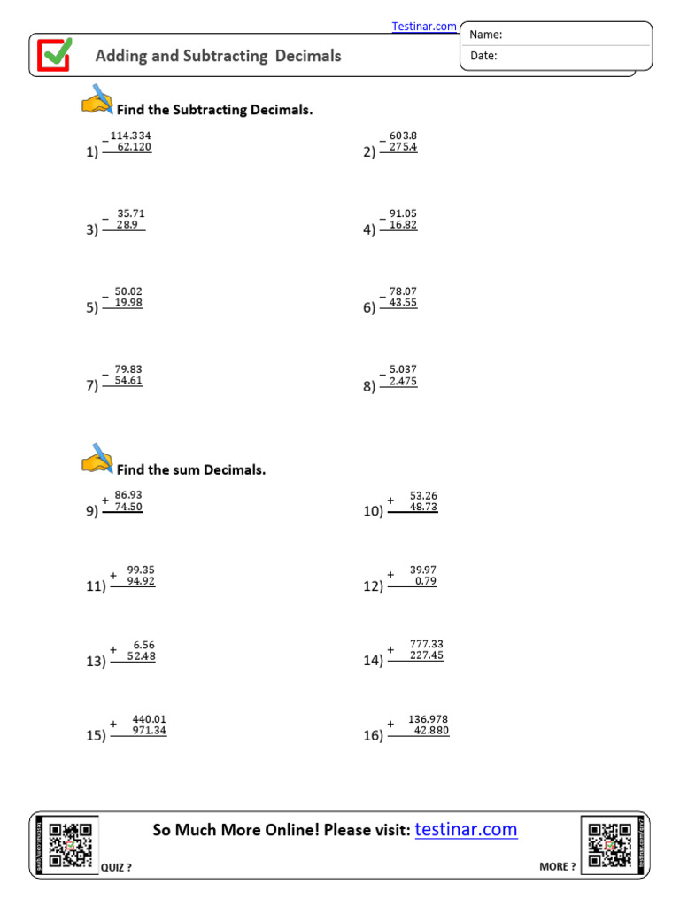 Adding and Subtracting Decimals Worksheet1 | PDF | Arithmetic ...