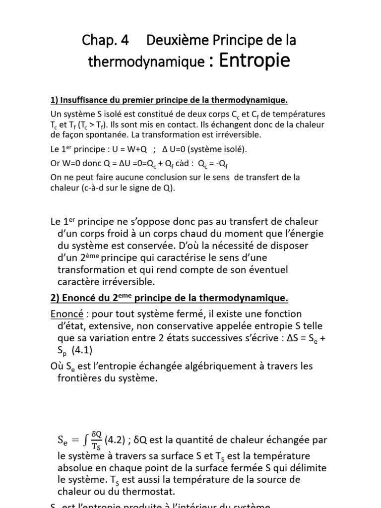 Entropie et Second Principe de Thermodynamique | PDF | Entropie ...