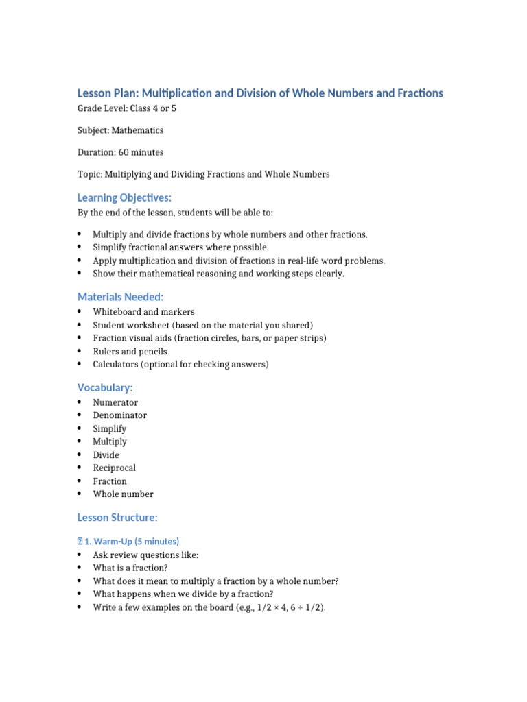 Lesson Plan Multiplication Division Fractions | PDF | Multiplication ...