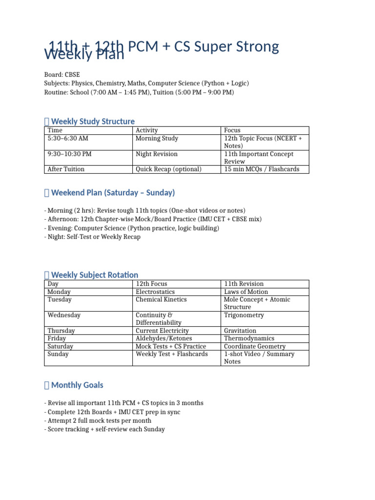 CBSE 11th & 12th PCM Weekly Study Plan | PDF