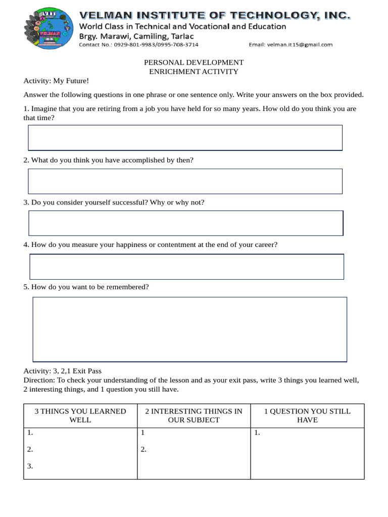 Personal Development Reflection Activity | PDF