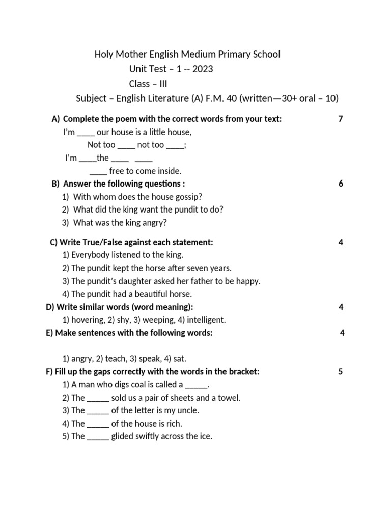 Class III English Literature Unit Test | PDF