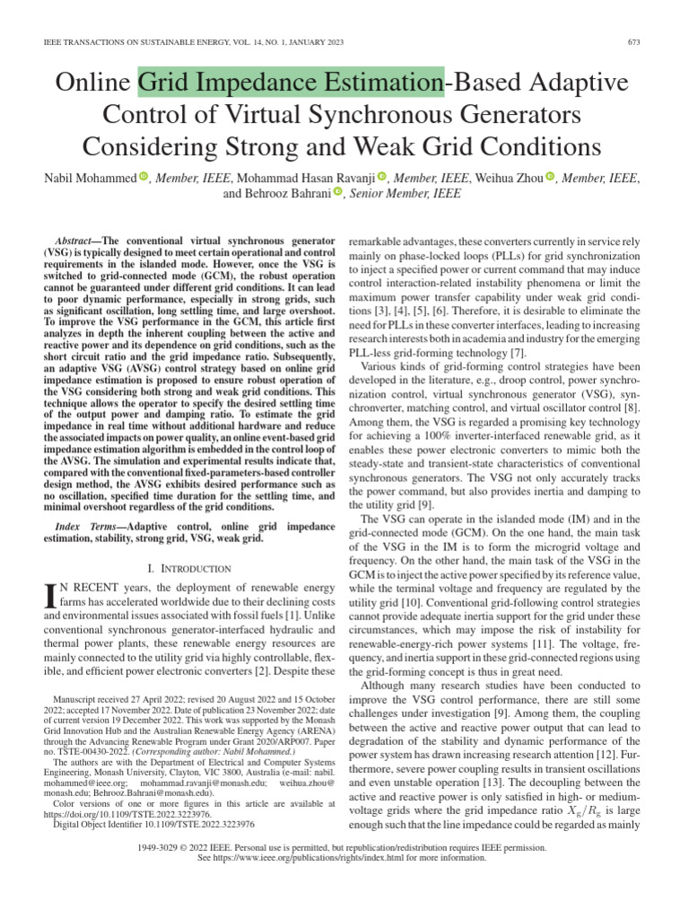 Adaptive Control for Virtual Synchronous Generators | PDF | Electrical ...