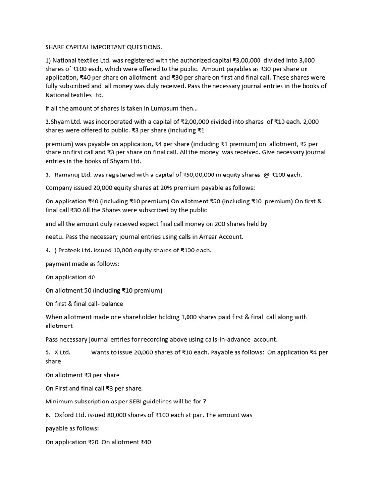 Share Capital Journal Entries Guide | PDF | Equity (Finance) | Balance ...