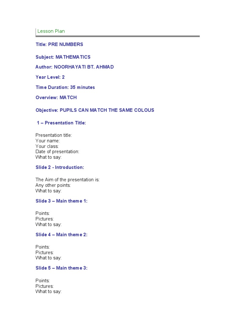 Pre Numbers Lesson Plan for Year 2 | PDF