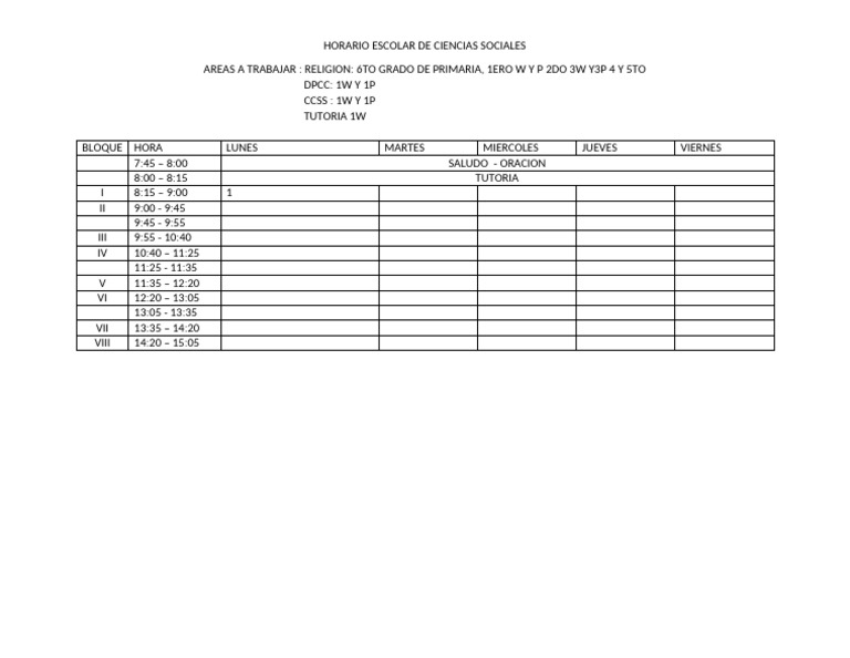 Horario Escolar de Ciencias Sociales | PDF