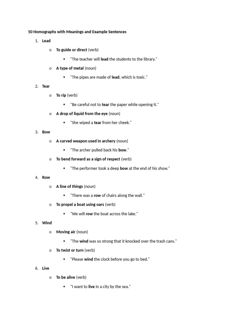 50 Homographs Explained with Examples | PDF | Verb | Adjective