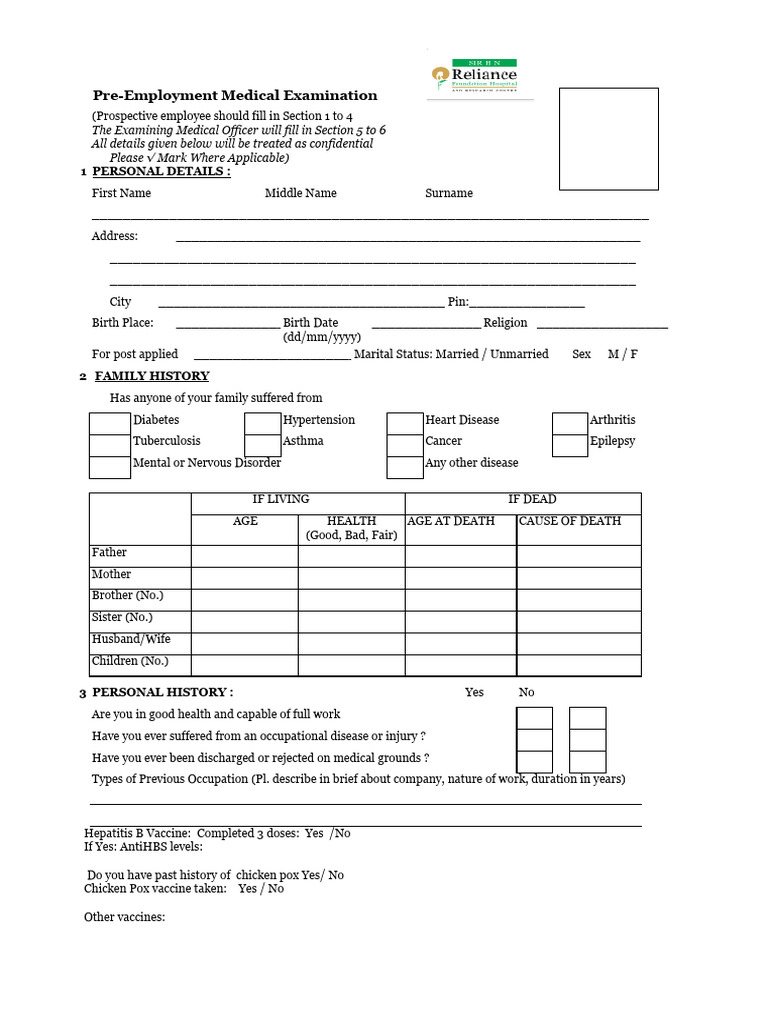 Pre-Employment Medical Examination Form | PDF | Physical Examination ...