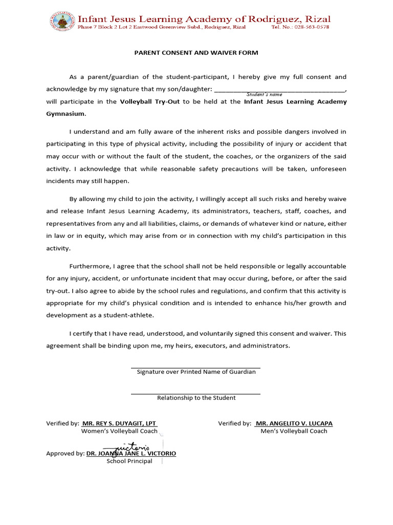 Volleyball Try-Out Parent Consent Form | PDF