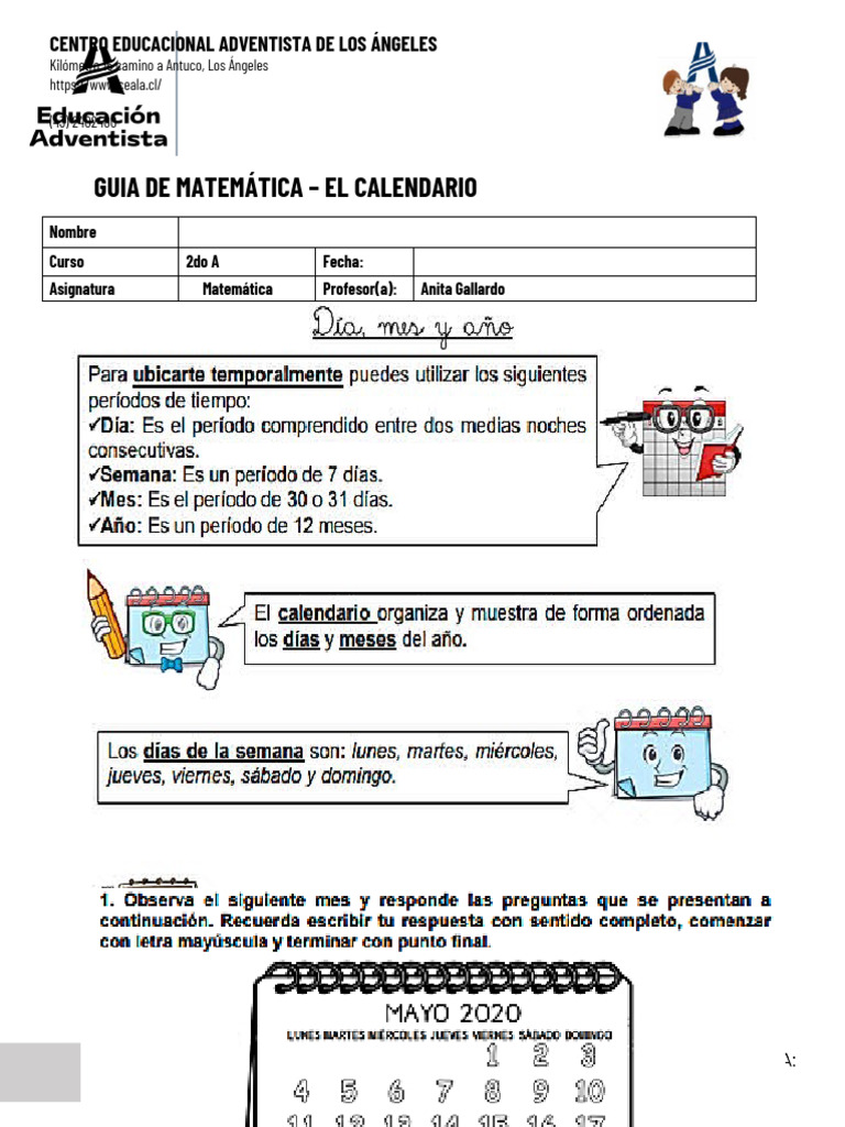 Guía de Matemática: El Calendario 2do A | PDF