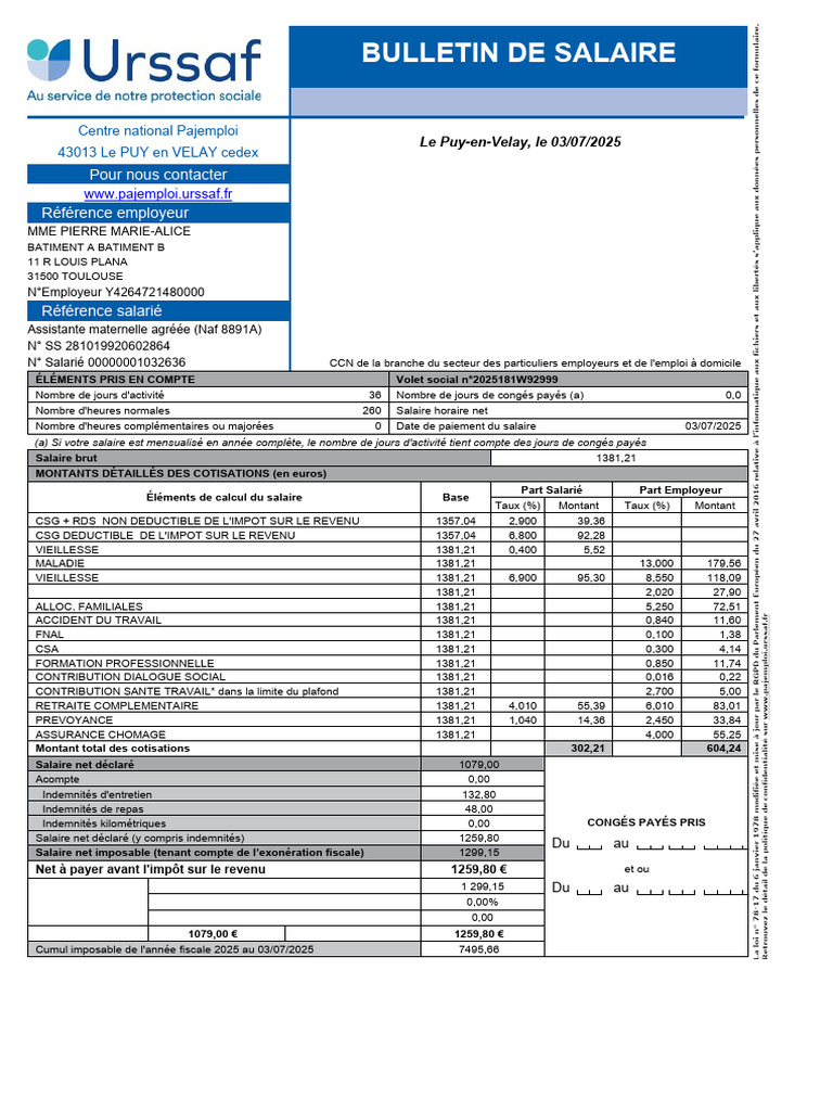 Bulletin de salaire - Juin 2025 | PDF | Salaires | Impôt sur le revenu