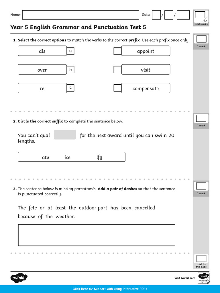 Year 5 Grammar & Punctuation Test 5 | PDF | English Grammar | English ...