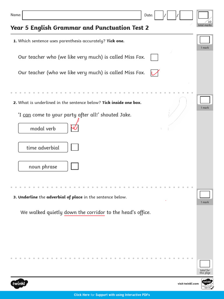 Year 5 Grammar & Punctuation Test 2 | PDF | English Grammar | English ...