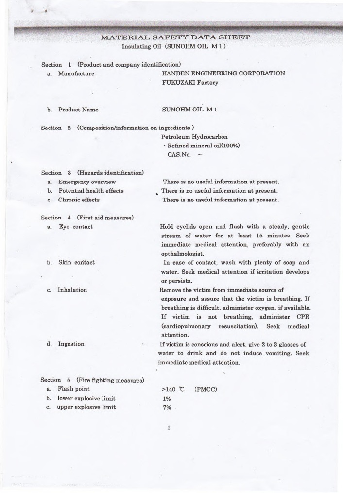 MSDS Oil Transformer Sun Ohm PDF