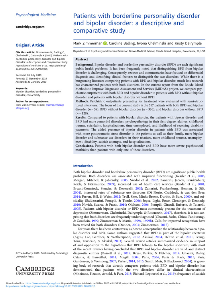 BPD and Bipolar Disorder: A Comparative Study | PDF | Borderline ...