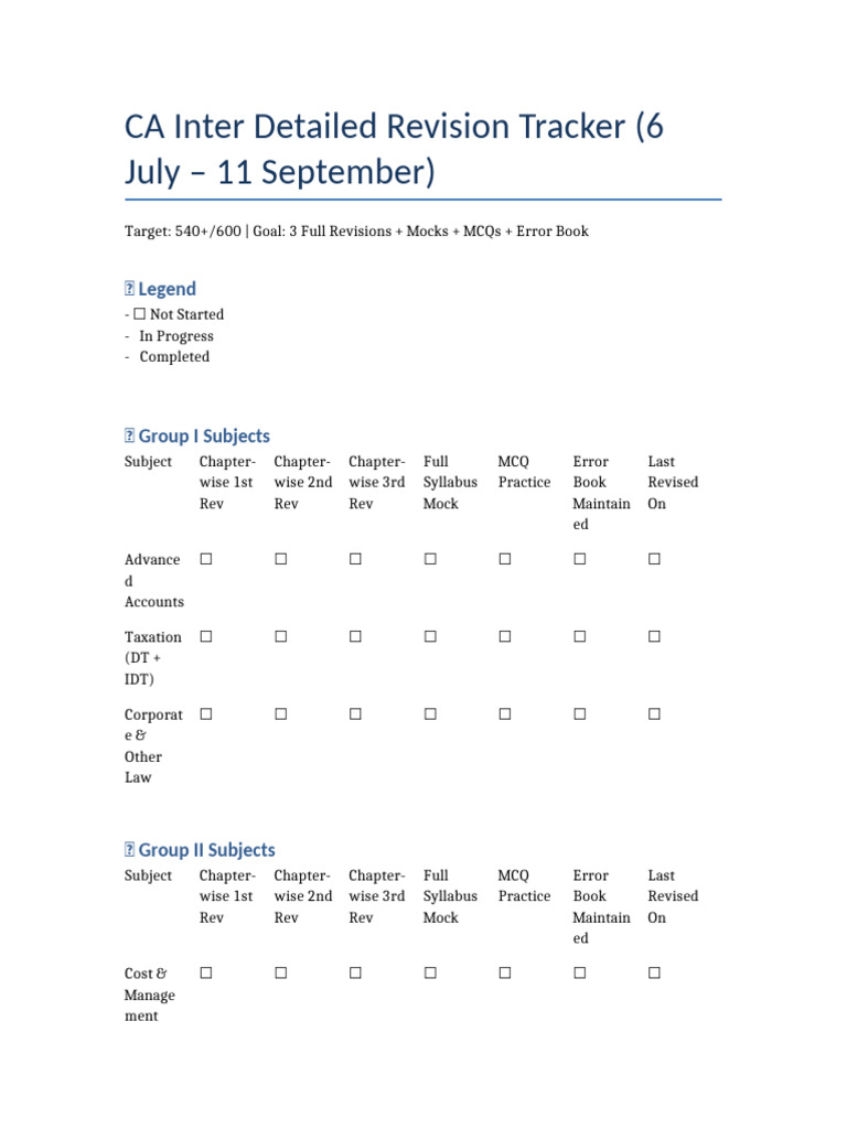 CA Inter Revision Tracker July-Sept | PDF