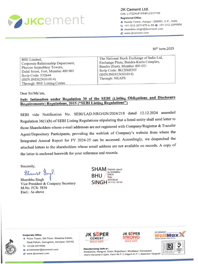 JKCEMENT 30062025182140 Intimation Regarding Letter Despatch To ...