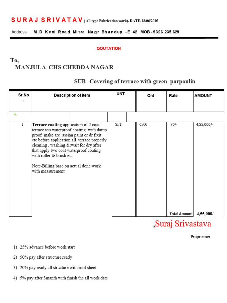 Terrace Waterproofing Quotation | PDF