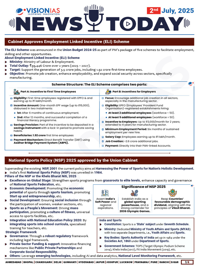 VisionIAS Daily Current Affairs 2 July 2025 | PDF | Employment | Social ...