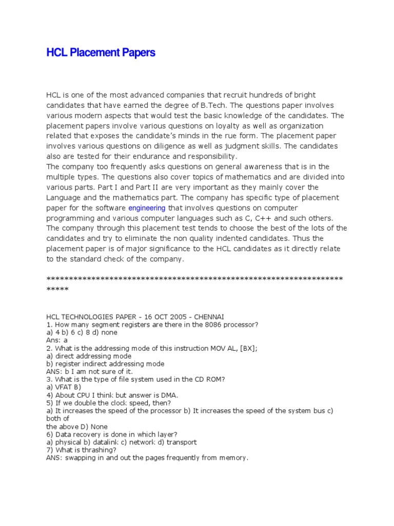 HCL Placement Test Overview and Papers | PDF | C (Programming Language ...