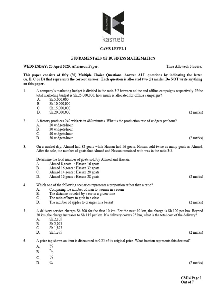 Fundamentals of Business Mathematics Past Papers-1 | PDF | Sampling ...