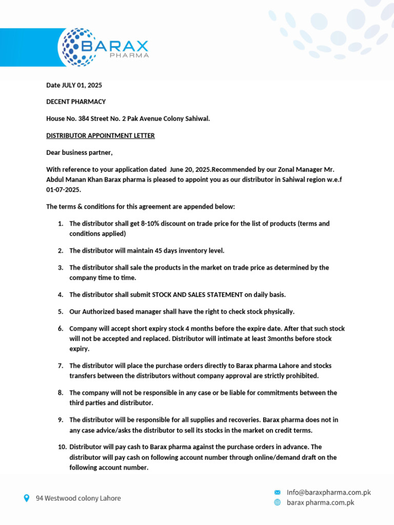 Distributor Appointment Letter Sahiwal | PDF | Business