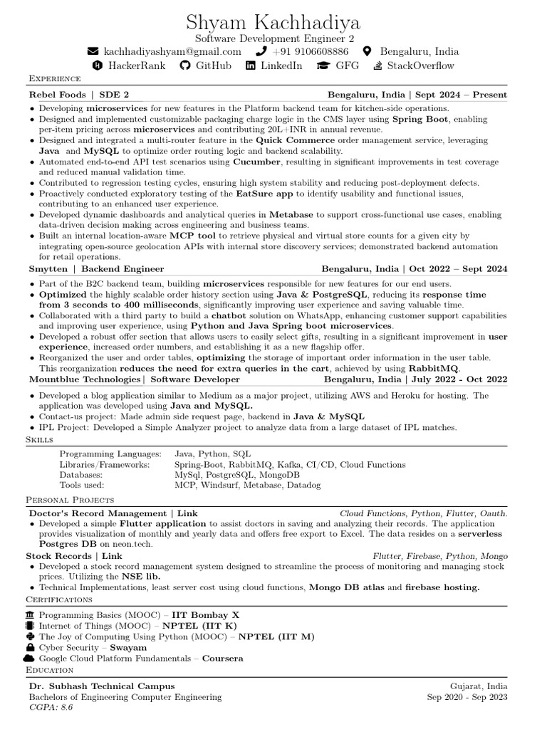 Shyam Kachhadiya: Software Engineer Profile | PDF | Postgre Sql | My Sql