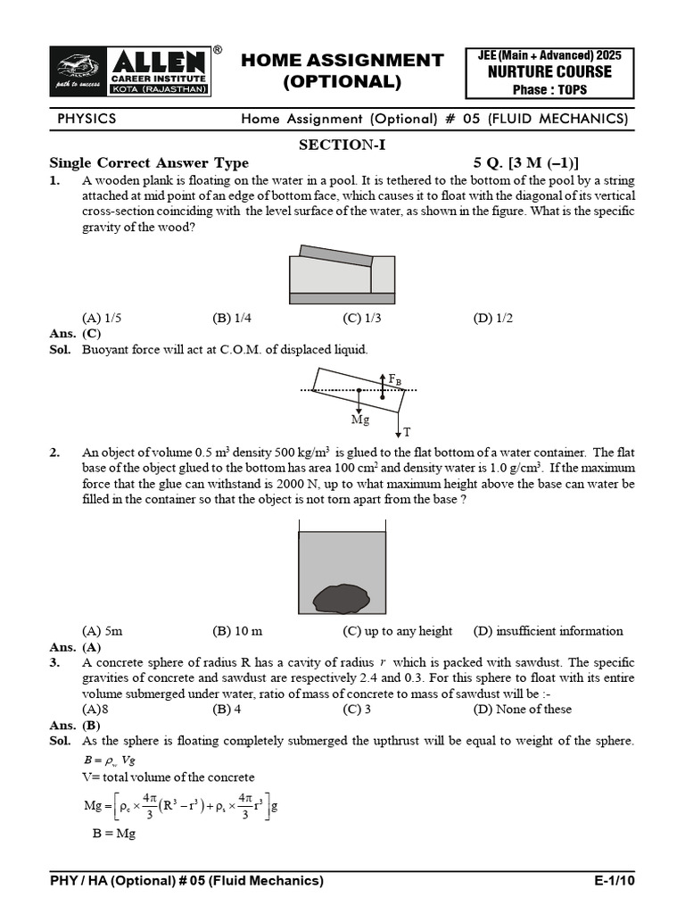 Fluid Mechanics Assignment for JEE 2025 | PDF | Buoyancy | Density