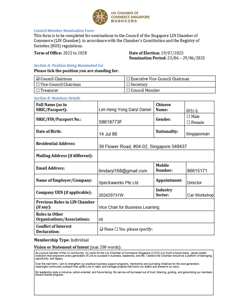 Daryl - LIN - Chamber - Nomination - Form - Romin and Andy | PDF ...
