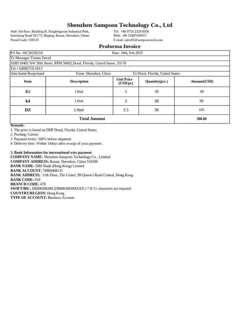 Proforma Invoice from Shenzhen Sampson Tech | PDF
