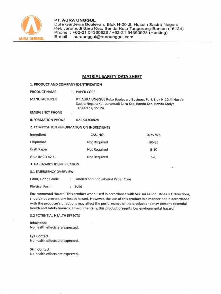 PT Aura Unggul Paper Core MSDS | PDF | Safety | Occupational Safety And ...