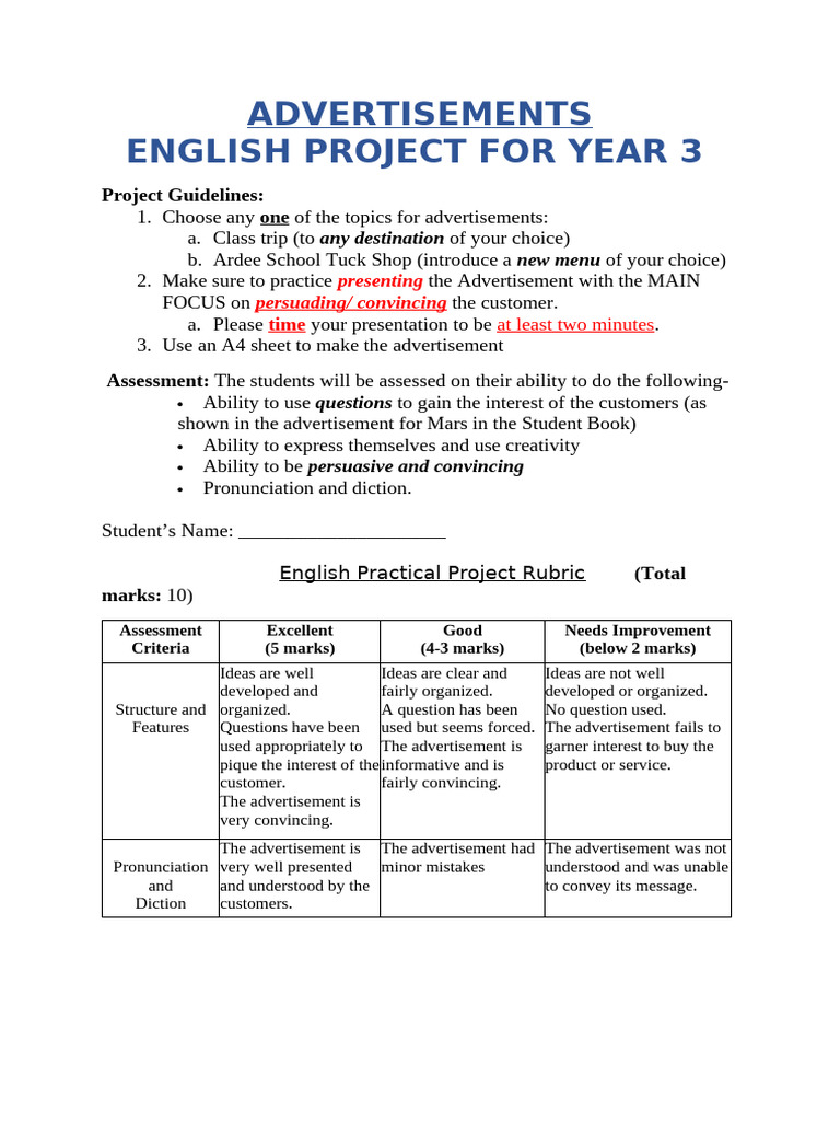 Year 3 Advertisement Project Guide | PDF