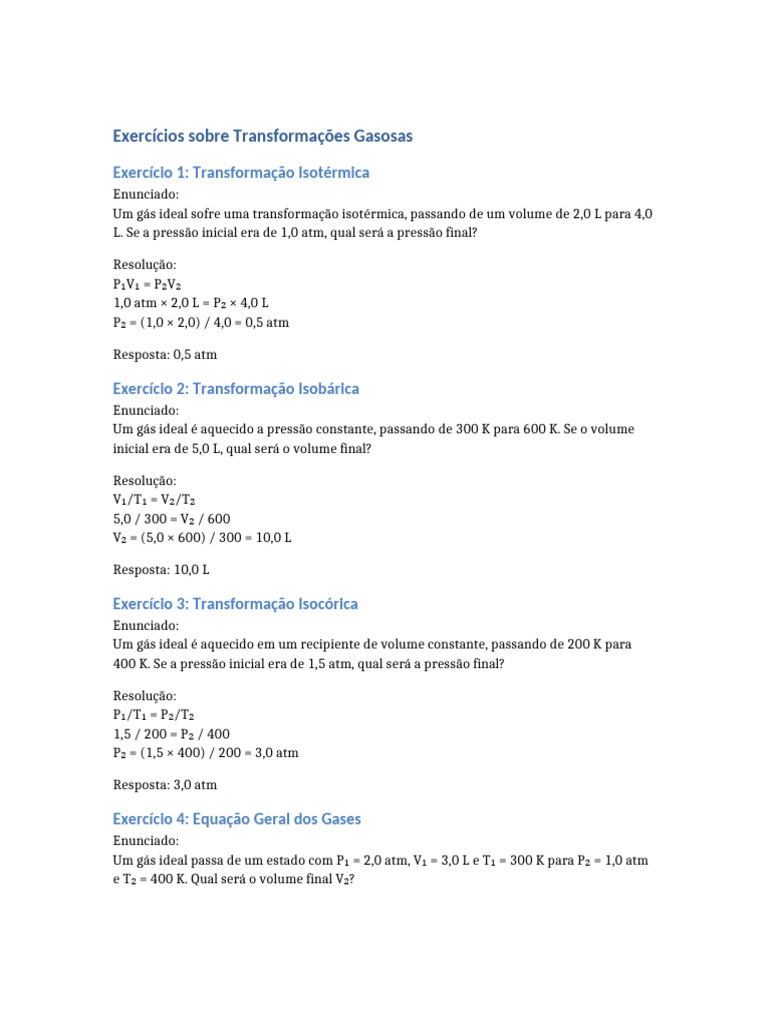 Exercícios de Transformações Gasosas | PDF