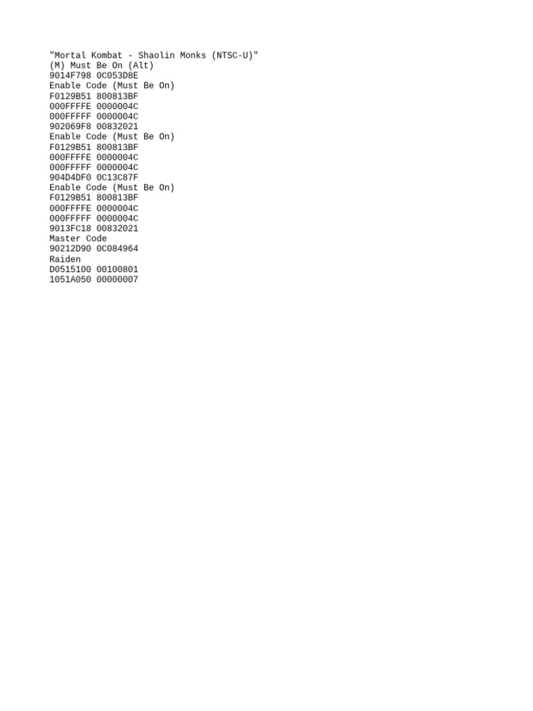 Mortal Kombat Shaolin Monks Cheat Codes | PDF