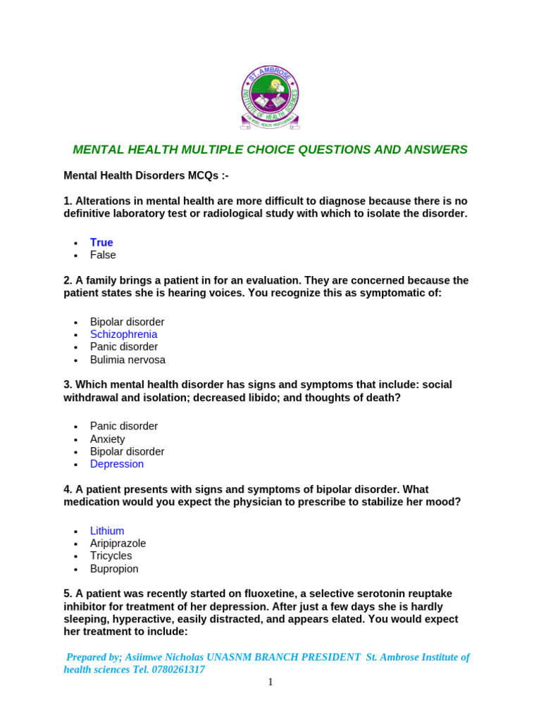 Mental Health MCQs and Answers PDF | PDF | Mental Disorder | Psychosis
