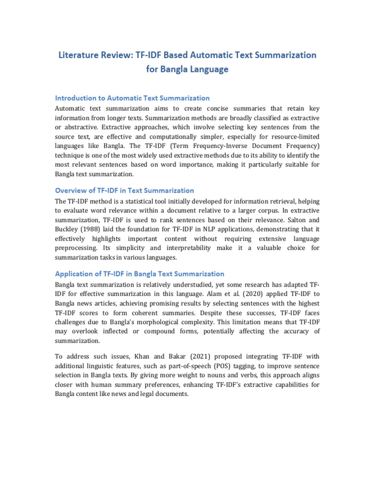 TF-IDF Based Automatic Text Summarization For Bangla Language | PDF ...