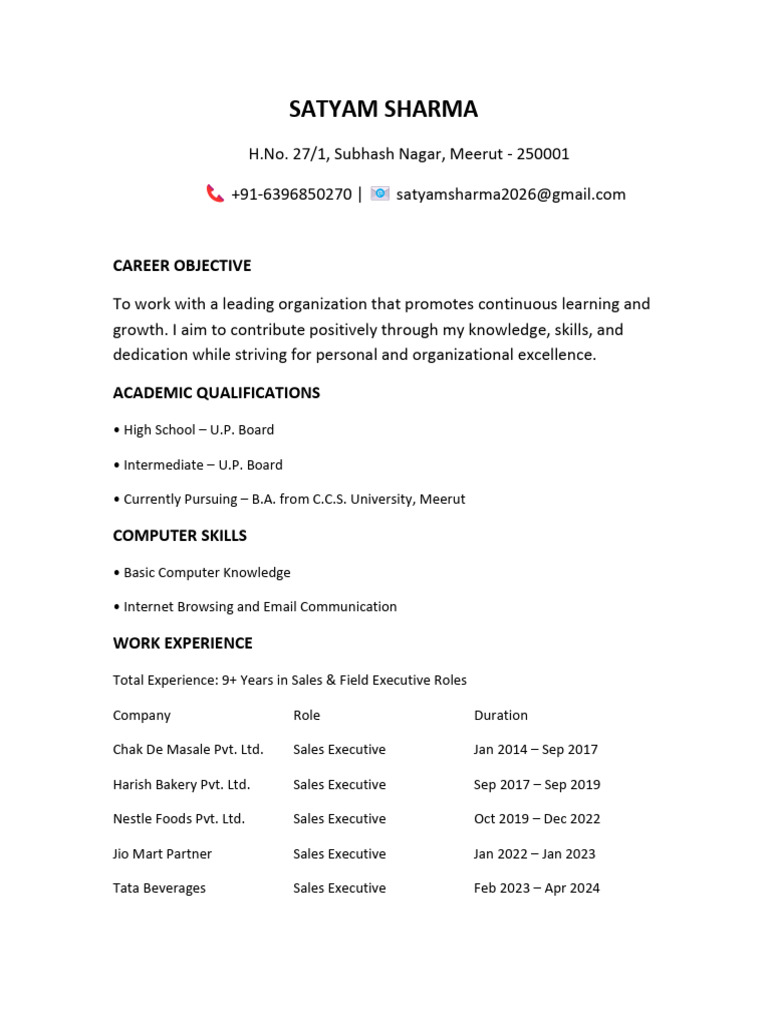 Satyam Sharma - Sales Executive Resume | PDF