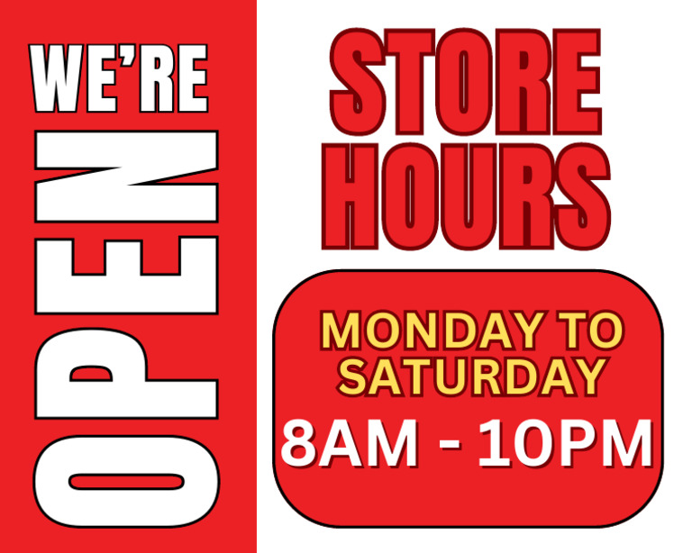Black and Yellow Simple Bold We'Re Open Store Hours Signage Poster | PDF